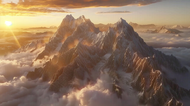 
"Majestic mountain range with golden sunrise and misty clouds