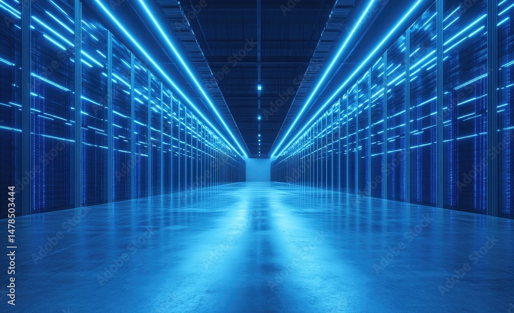 Poster a futuristic data center illuminated by blue led lights. showcasing rows of servers and cables. crea