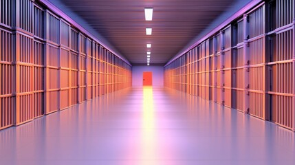 Long Prison Cell Corridor With Orange Metal Bars And Soft Purple Lighting