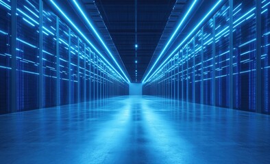 Fototapeta premium A futuristic data center illuminated by blue LED lights. showcasing rows of servers and cables. creating a high-tech atmosphere. ideal for technology-related projects