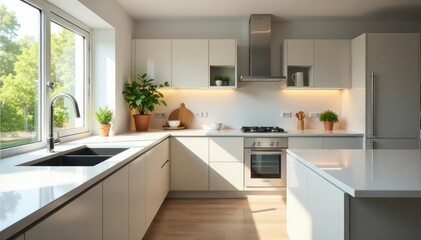 A spotless kitchen gleams after a thorough cleaning, showcasing sparkling countertops and appliances , kitchen, sink