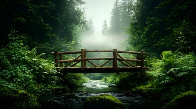 Enchanting foggy forest landscape featuring a wooden bridge spanning a tranquil stream surrounded by lush ferns moss covered rocks and a fairytale like atmosphere