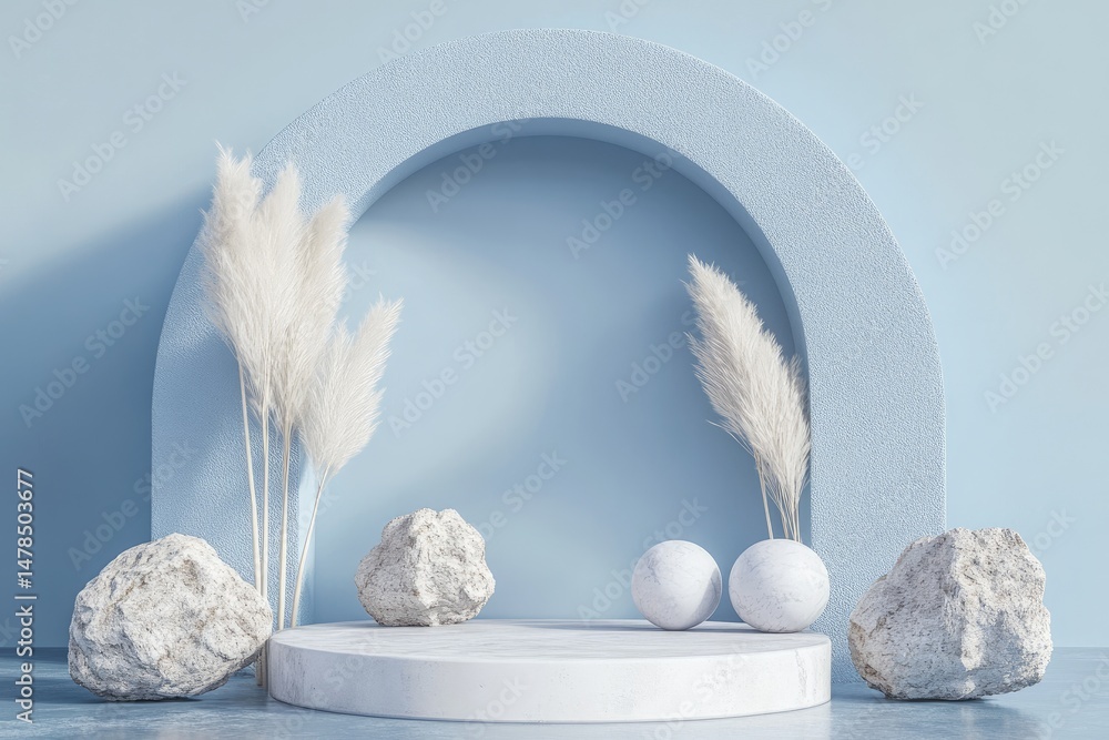 Poster a serene composition featuring soft. fluffy pampas grass in a minimalist blue setting with textured 
