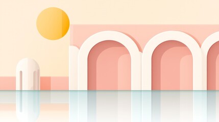 Minimalist Pastel Pink Architectural Arches Reflected in Calm Water