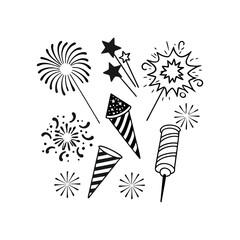Black Silhouette Of Celebration Fireworks Display On White Background Festive Holiday Vector Illustration Party Celebration Element