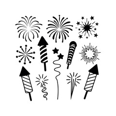 Black Silhouette Of Celebration Fireworks Display On White Background Festive Holiday Vector Illustration Party Celebration Element