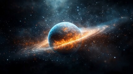 Obraz premium A fiery, ringed planet in a cosmic nebula