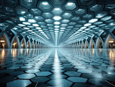 Mesmerizing Hexagonal Ceiling Reflects onto Mirrored Floors in Futuristic Space.