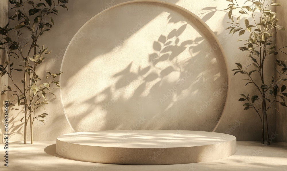 Poster minimalist studio scene featuring a circular platform surrounded by delicate branches casting soft s