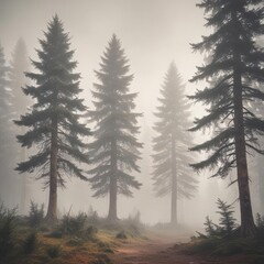 Ancient fir trees shrouded in ethereal mist, retro filter,  mountain, ancient