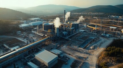 Panoramic View of Industrial Facility and the Landscape, showcasing complex infrastructure and natural beauty blending environmental themes