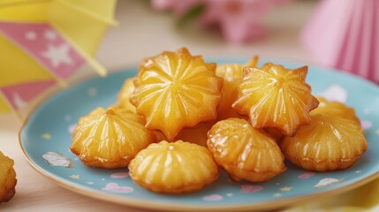 Delicious Golden Pastries on Blue Plate with Colorful Decorations