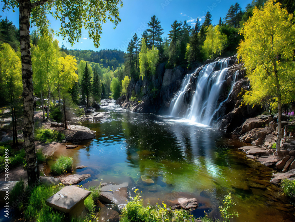 Poster bird's-eye view photograph of a waterfall winding through a dense forest before cascading over a cli