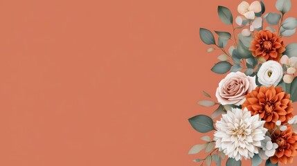 Elegant floral arrangement with soft colors on a coral background