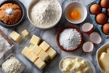 assorted baking ingredients on marble countertop
