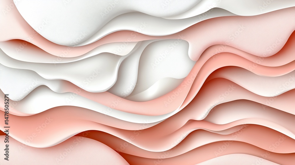 Poster abstract layered wavy design with pink & white tones, creating depth and shadows