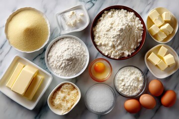 assorted baking ingredients on marble countertop