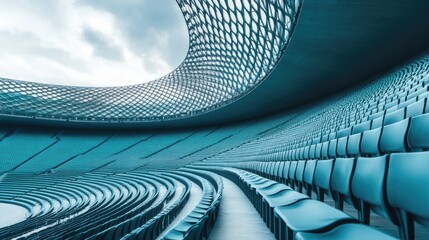 Abstract view of upper stadium bowl architecture with wave-like roof and uniform seating arcs