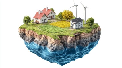 Floating Island Concept with Modern Homes and Wind Turbines