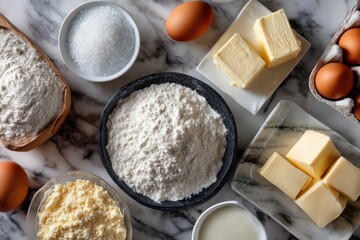 assorted baking ingredients on marble countertop