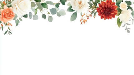 Elegant Floral Border with Roses and Greenery on White Background
