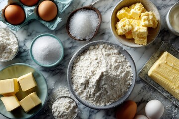 assorted baking ingredients on marble countertop