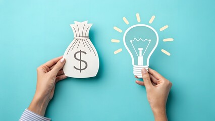 Hands with dollar sign bag and white light bulb

