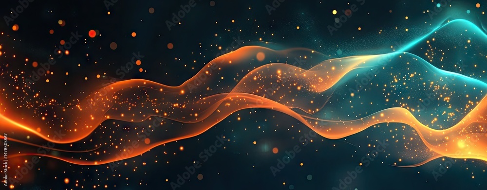Poster a vibrant abstract wave of blue and orange light particles flowing gracefully across a dark backgrou