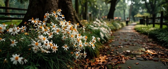 A Pathway Lined with White Flowers and Autumn Leaves