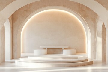 A minimalist interior space featuring a circular platform in the center. bathed in natural light from large windows. with a simple bench against a textured wall. ideal for presentations or exhibitions