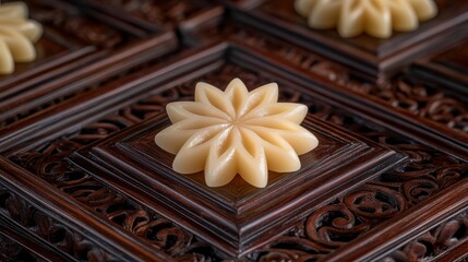 Delicate Flower-Shaped Dessert on Ornate Wooden Background