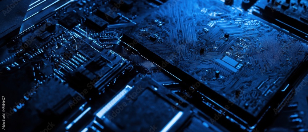 Poster close up of computer motherboard showing circuitry and components in dark blue tones technology conc