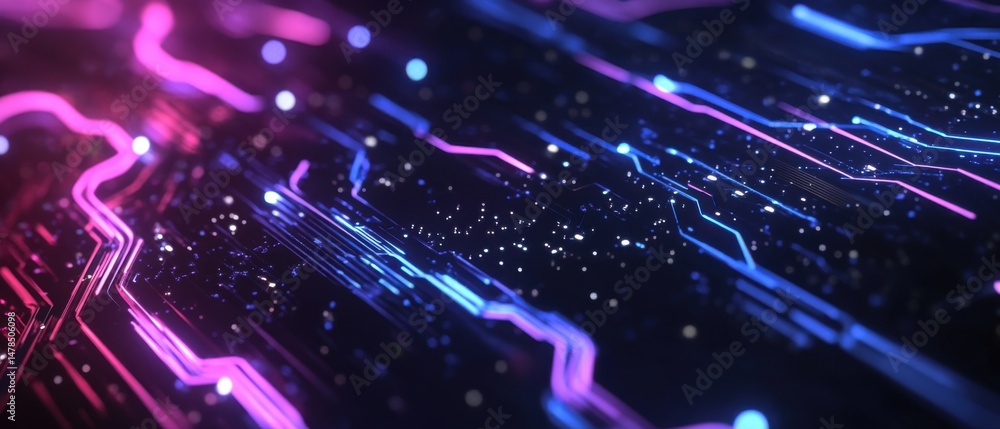 Poster abstract circuit board close up showing data flow and connectivity in blue and pink neon colors futu