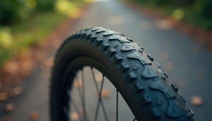 Close-up of a bicycle tire, showing tread and texture , bike wheel, tire tread