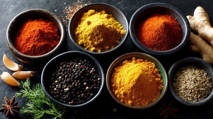 colorful dried spices in small bowls arranged for cooking