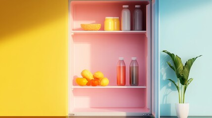 Colorful Modern Refrigerator Interior with Food and Drink Items