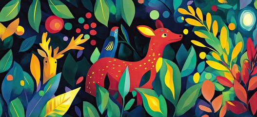 A vibrant illustration of deer among lush foliage. showcasing a colorful forest scene with various plants and flowers. ideal for nature-themed designs or decor