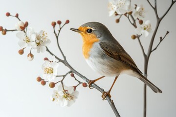 A robin perches on a blossoming plum branch, facing left. Use this for nature, spring, or avian-themed designs.