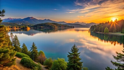 Obraz premium Panoramic view of Sapanca Lake at sunset with surrounding mountains and pine trees, panorama, scenic view, panorama