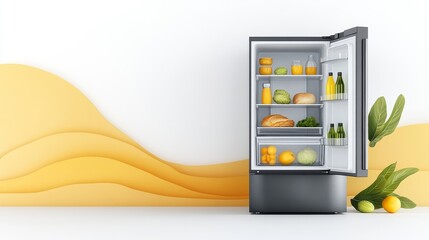 Modern Refrigerator Interior with Fresh Groceries and Minimalist Design