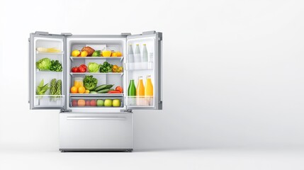 Open Refrigerator with Fresh Produce and Beverages Displayed
