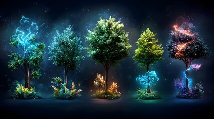 Obraz premium Futuristic neon themed infographic tree icon set illustrating the convergence of technology and nature in a smart forest environment