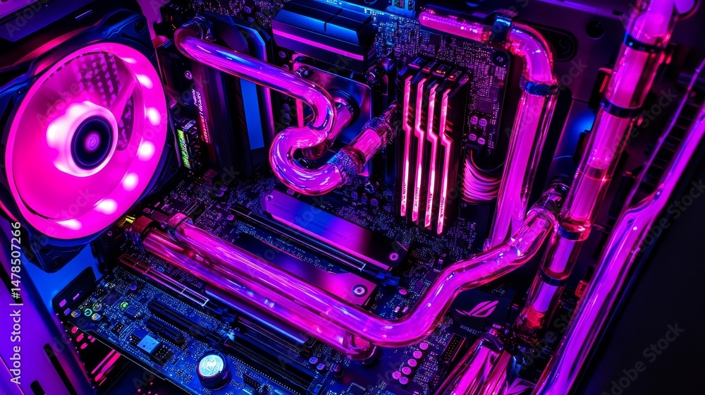 Poster vibrant liquid cooling system in modern computer setup