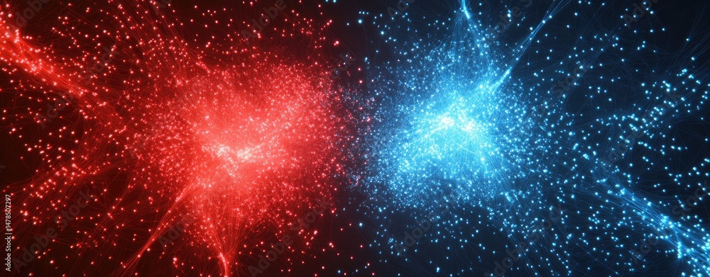 Poster abstract representation of interconnected neurons illuminated in vibrant red and blue hues. showcasi