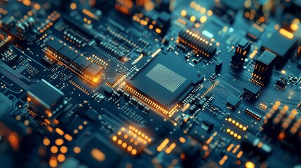 Detailed Close-Up of Modern Circuit Board with Bright LED Lights