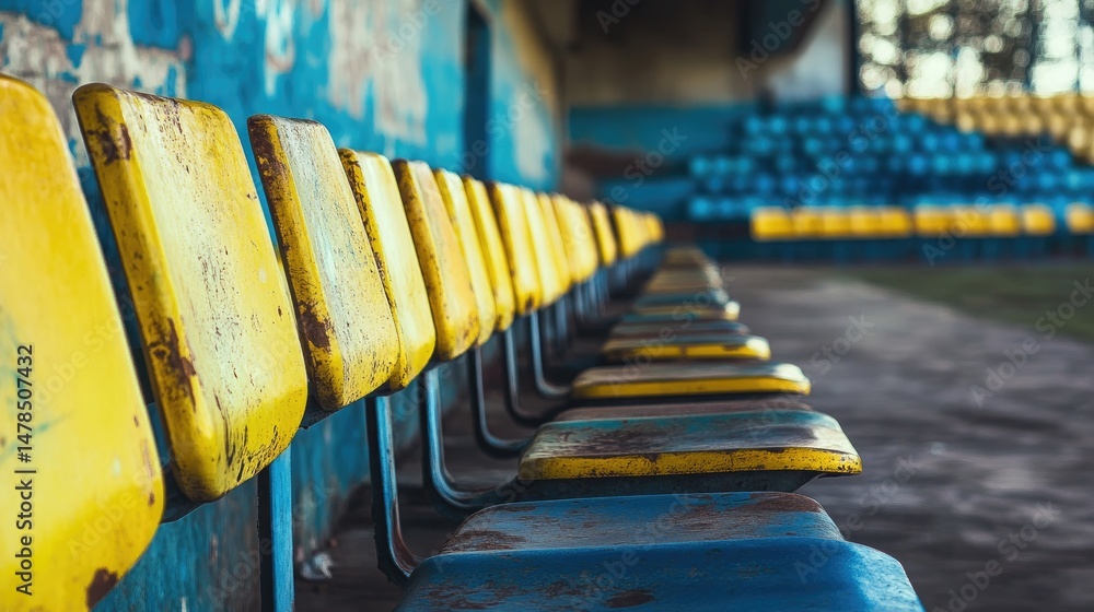 Poster close-up of joint structures between seating tiers and overhang supports in modern stadium