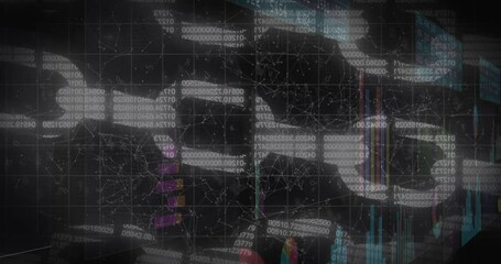 Flat data console showing numeric strings moving over grid, network graphs and bar charts rising - Powered by Adobe