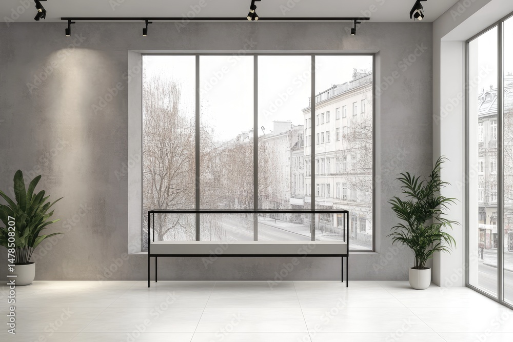 Poster modern retail space featuring a minimalist display window with an empty showcase. overlooking a bust