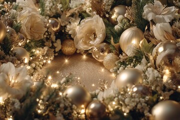 Festive Floral Wreath Arrangement with Gold Accents Indoor Setting Decorative Content Cozy Ambiance