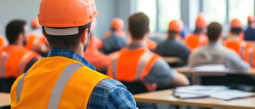 Back View of Construction Workers Attending Safety Training Seminar in Brightly Lit Classroom Environment with Desks